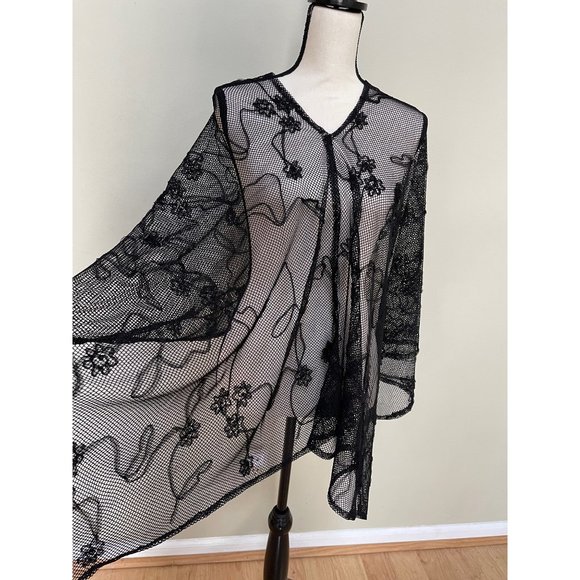 Women's Kimono Top Beach Cover Up V Neck Sheer Fishnet Mesh Black One Size - Picture 4 of 12
